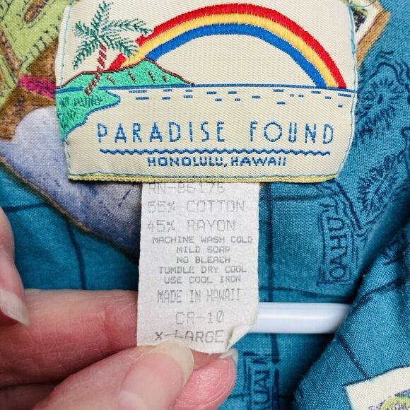 Vintage Paradise Found Hawaiian Shirt Mens XL Blue Postcards Coins Stamps Island - Picture 3 of 8